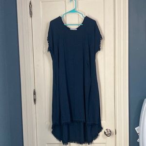 Vasna Navy Short Sleeve High-Low Dress with Pockets Medium Linen cotton blend